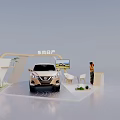 Dongfeng Nissan Exhibition Booth With Golden SUV White Chairs And Green Plants