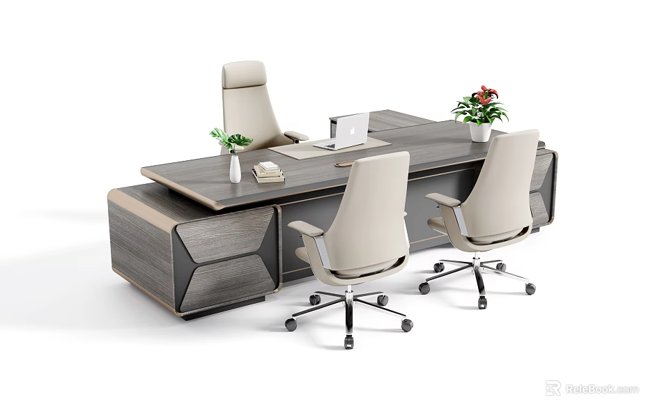 Modern Dark Wood Office Desk with Light Beige Chairs Laptop Green Plant and Potted Flowers 3d model 