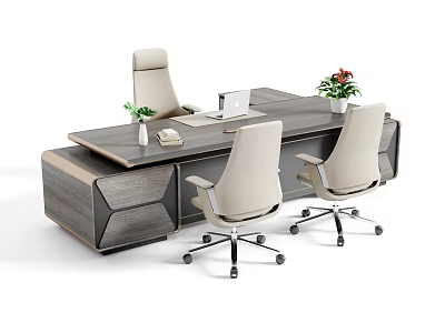 Modern Dark Wood Office Desk with Light Beige Chairs Laptop Green Plant and Potted Flowers 3d model