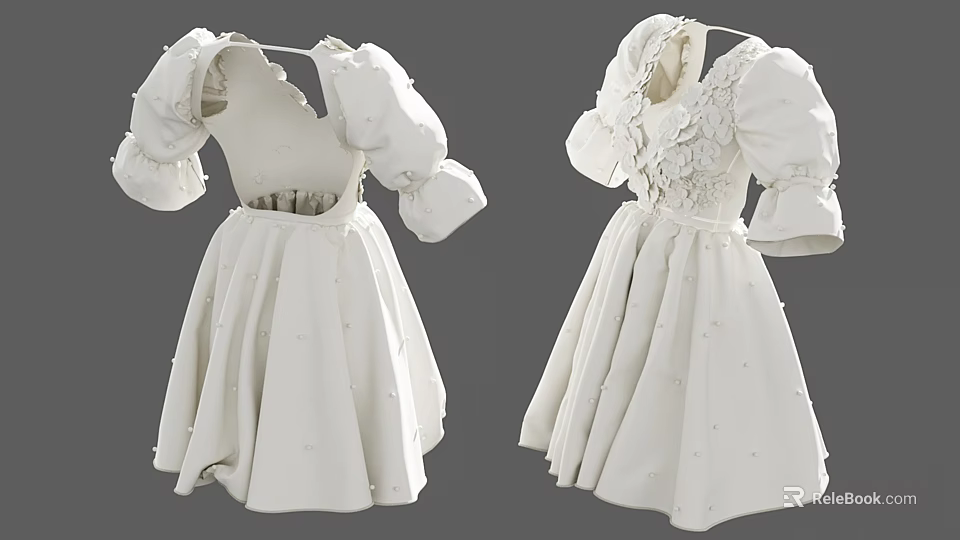 White Women's Dress With Puffed Sleeves Floral Details And Flared Skirt Design 3d model 