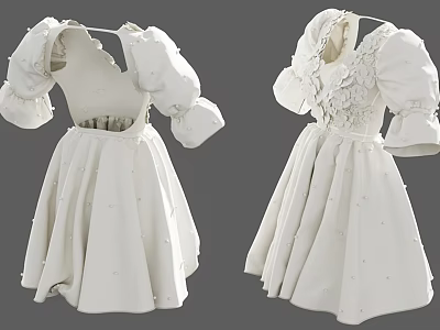 White Women's Dress With Puffed Sleeves Floral Details And Flared Skirt Design 3d model