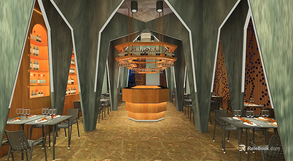 Modern Restaurant Interior With Wooden Bar Counter Dining Tables And Decorative Walls 3d model 