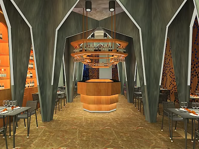 Modern Restaurant Interior With Wooden Bar Counter Dining Tables And Decorative Walls 3d model