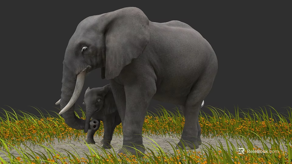 Adult and Baby Elephants Standing on Grassland With Yellow Flowers 3d model 
