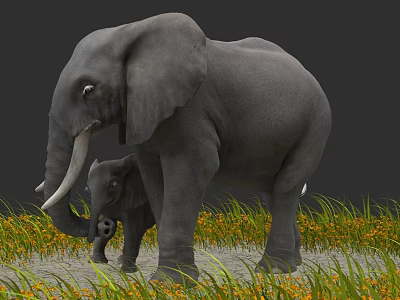 Adult and Baby Elephants Standing on Grassland With Yellow Flowers 3d model