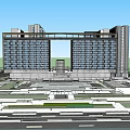 Modern High Rise Hotel Building With Glass Facade And Surrounding Plaza