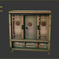 Traditional Chinese Wooden Cabinet With Carved Circular Patterns Drawers And Doors