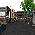 Traditional Chinese Commercial Street with Ancient Architecture Stone Paved Road and Shop Signs