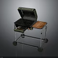 Green Portable Grill With Wheels Metal Stand And Open Lid For Outdoor Cooking