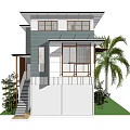 Detached House Two Story Exterior With Large Windows Palm Tree Greenery And Lawn