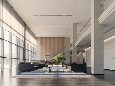 Modern Front Desk Reception in Lobby with Large Windows Wooden Wall and Green Plant 3d model