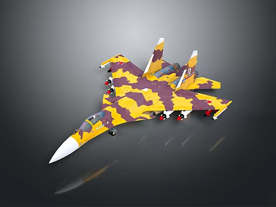 Colorful Camouflage Fighter Jet Model With Yellow Purple Paint And Tail Fins 3d model