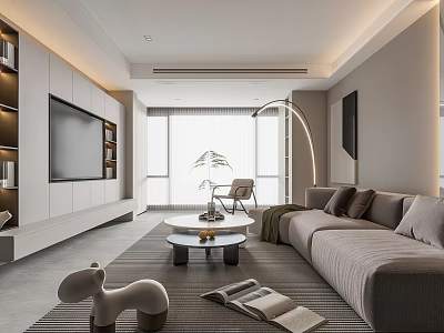 Modern Living Room Interior With Gray Sofa Round Coffee Table Floor Lamp TV Cabinet And Green Plant 3d model