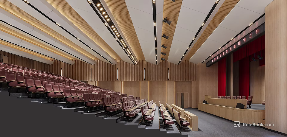 School Auditorium With Red Seats Wooden Walls Ceiling And Stage Design 3d model 