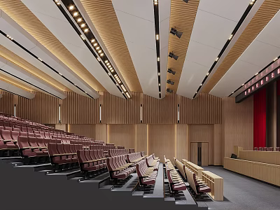 School Auditorium With Red Seats Wooden Walls Ceiling And Stage Design 3d model