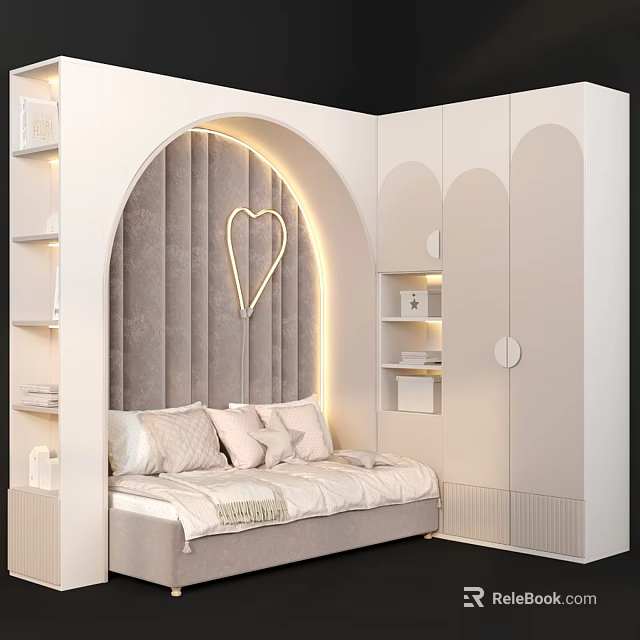 Upholstered Kids Bed with Arched Headboard Heart Shaped Decor and Wardrobe Bookshelf Lighting 3d model 