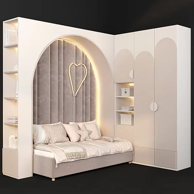 Upholstered Kids Bed with Arched Headboard Heart Shaped Decor and Wardrobe Bookshelf Lighting 3d model