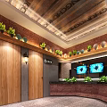 Modern Restaurant Interior Design With Wooden Ceiling Blue Accents Large Screens And Decorative Plants
