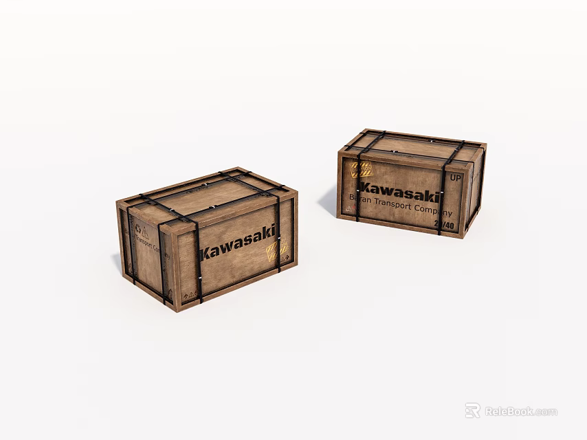 Two Vintage Wooden Kawasaki Crates With Branding On White Background 3d model 