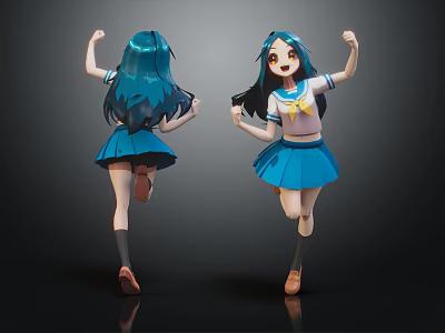 3D Anime Characters With Blue Hair Sailor Uniform And Blue Skirt From Two Angles 3d model