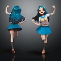 3D Anime Characters With Blue Hair Sailor Uniform And Blue Skirt From Two Angles