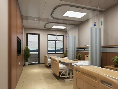Hospital Ward Interior With Beds Windows Plants TV And Ceiling Lights 3d model
