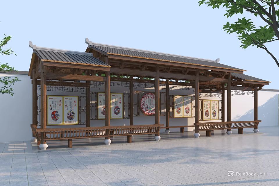 Traditional Wooden Corridor With Tile Roof Columns Benches Decorative Wall Paintings And Tree 3d model 