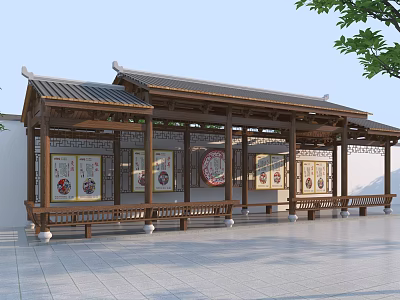 Traditional Wooden Corridor With Tile Roof Columns Benches Decorative Wall Paintings And Tree 3d model