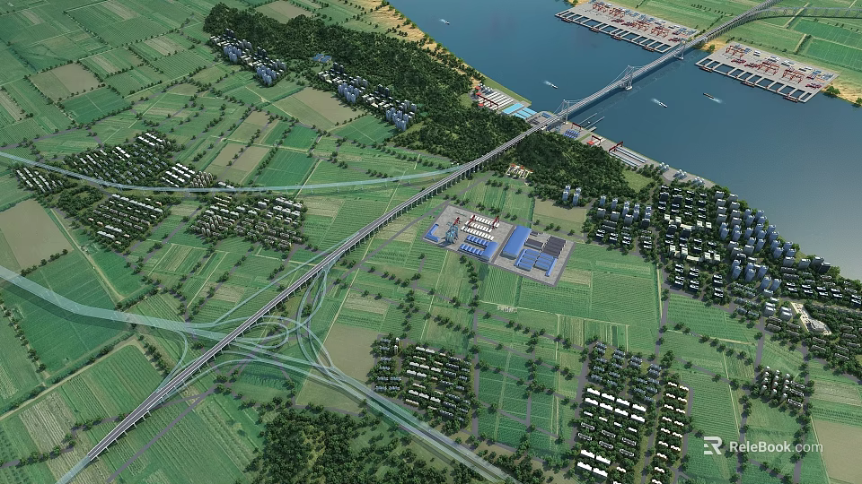Birds Eye View Urban Planning With Road Network Green Spaces And Waterfront Buildings 3d model 