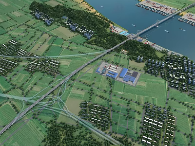 Birds Eye View Urban Planning With Road Network Green Spaces And Waterfront Buildings 3d model