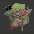 Vintage Wooden Table With Scroll Clay Pot Small Bottle Knife Cloth Sacks And Wheel