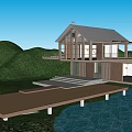 Modern Waterfront Guesthouse With Wooden Structure Glass Windows Balcony And Green Lawn