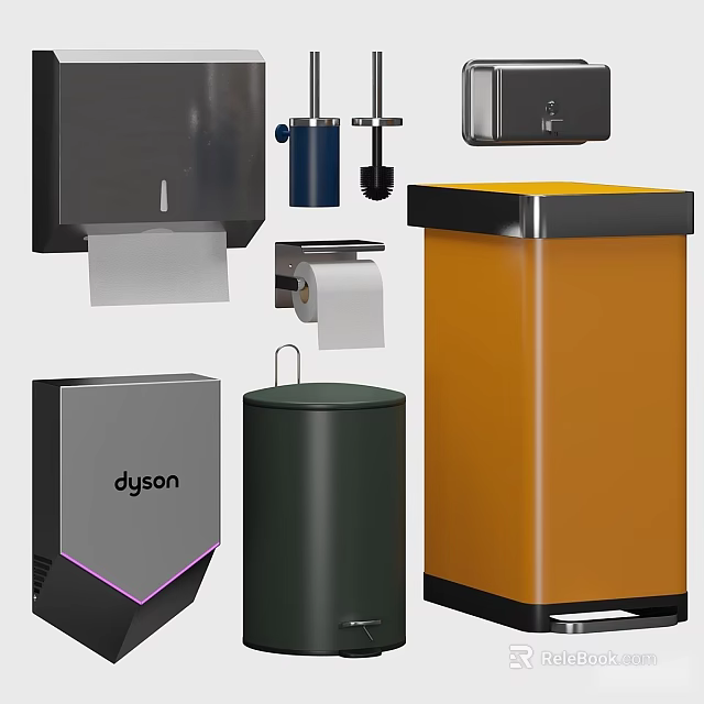 Sleek Modern Household Essentials With Colorful Waste Bins Toilet Paper Holders And Dyson Appliances 3d model 