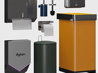 Sleek Modern Household Essentials With Colorful Waste Bins Toilet Paper Holders And Dyson Appliances 3d model