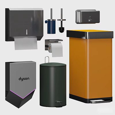 Sleek Modern Household Essentials With Colorful Waste Bins Toilet Paper Holders And Dyson Appliances 3d model
