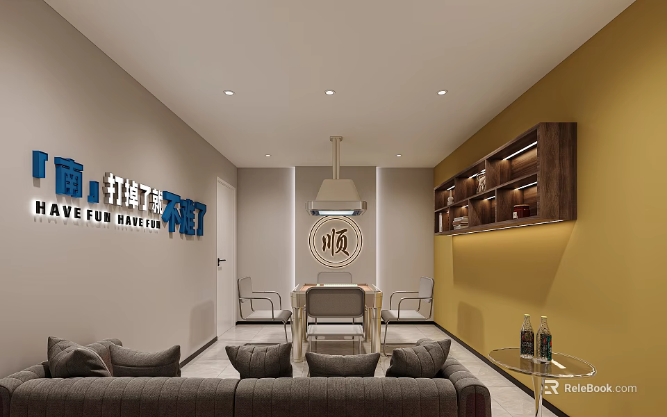 Modern Hotel Mahjong Room Interior With Comfortable Sofas Mahjong Table And Decorative Shelves 3d model