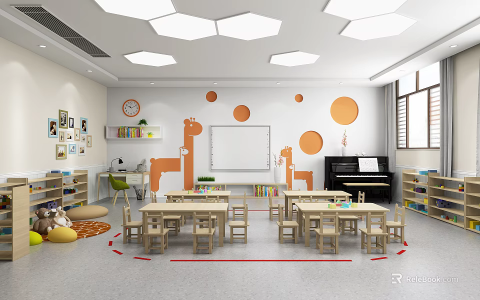 Bright Kindergarten Classroom With Giraffe Murals Desks Bookshelves And Piano 3d model 