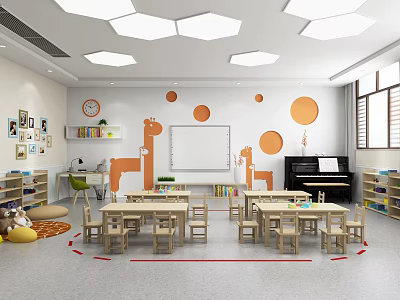 Bright Kindergarten Classroom With Giraffe Murals Desks Bookshelves And Piano 3d model