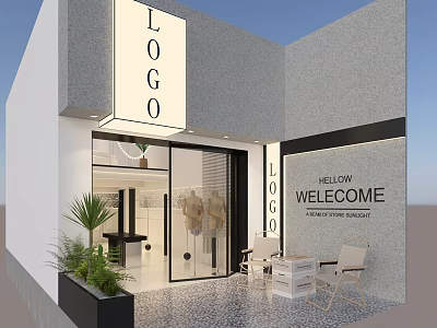 Modern Clothing Store Exterior With Logo Signage Welcome Display Mannequins Tables And Plants 3d model