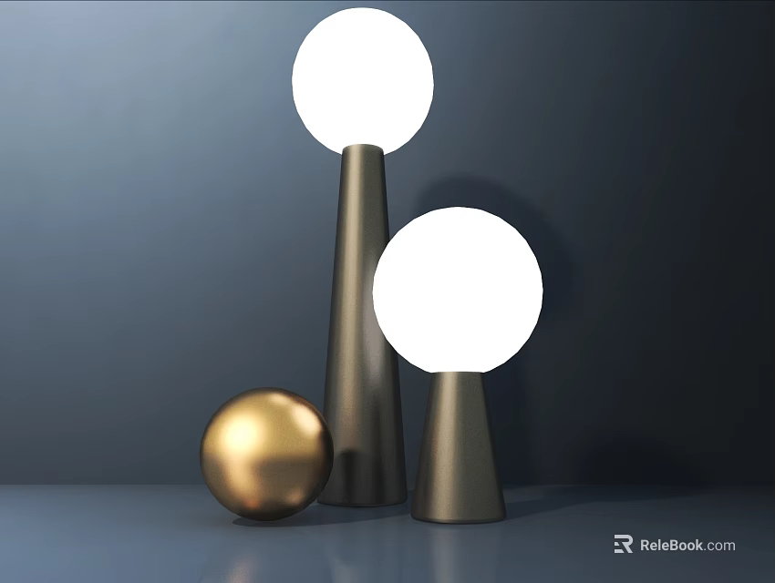 Modern Table Lamps With Metallic Conical Bases White Spherical Shades And Golden Sphere Decor 3d model 