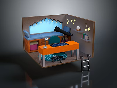 Miniature Room Scene With Orange Desk Green Chair Bookshelf Ladder And Star Decorations 3d model