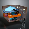 Miniature Room Scene With Orange Desk Green Chair Bookshelf Ladder And Star Decorations
