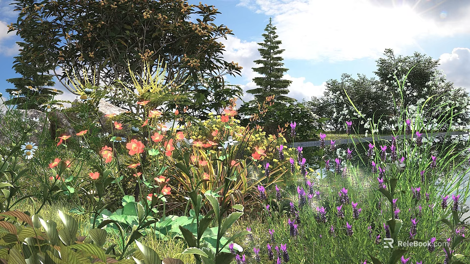 Vibrant Garden Bushes With Orange Purple Flowers And Green Leaves Under Blue Sky 3d model 