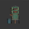 Traditional Street Vendor Cart With Green Red Body Awning Display Shelves And Blue Trash Bin