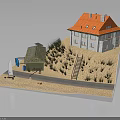 Two Story Building With Red Roof Gray Walls Small Cottage Staircase Sandy Ground And Bushes