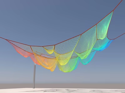 Colorful Wavy Net Art Installation Hanging Against Blue Sky With Support Pole 3d model