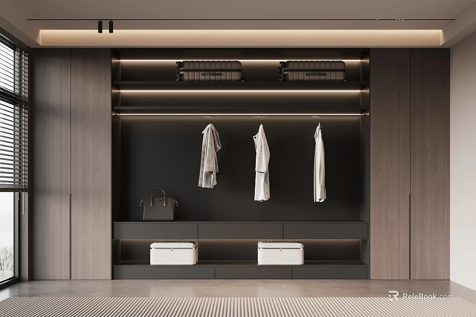 Modern Wardrobe Interior With Wooden Panels Hanging Clothes Handbag And Storage Drawers 3d model 
