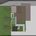 Courtyard Garden with Red Brick Cottage Green Lawn Stone Path Trees and Wall
