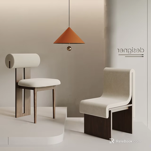 Modern Minimalist Accent Chair Upholstered In Beige Fabric With Wooden Frame And Curved Backrest 3d model 