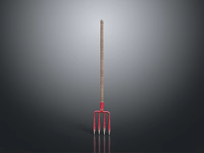Red Garden Fork With Wooden Handle And Three Tines For Plant Care 3d model